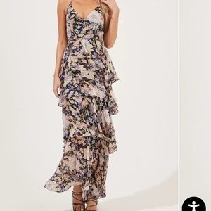 ASTR multi ruffled dress in black multi floral - great for wedding guest